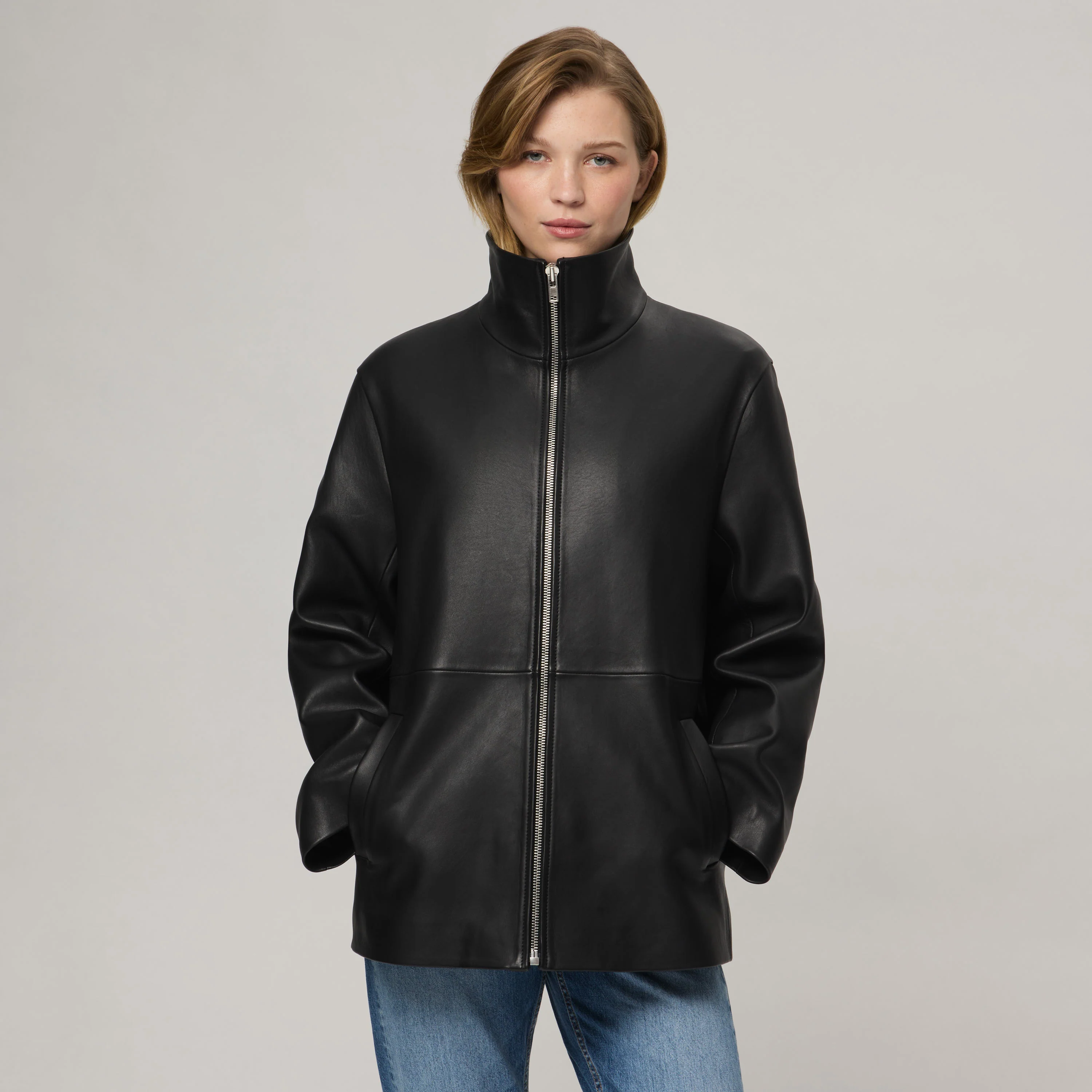 Women's Funnel Neck Leather Jacket - Image 3