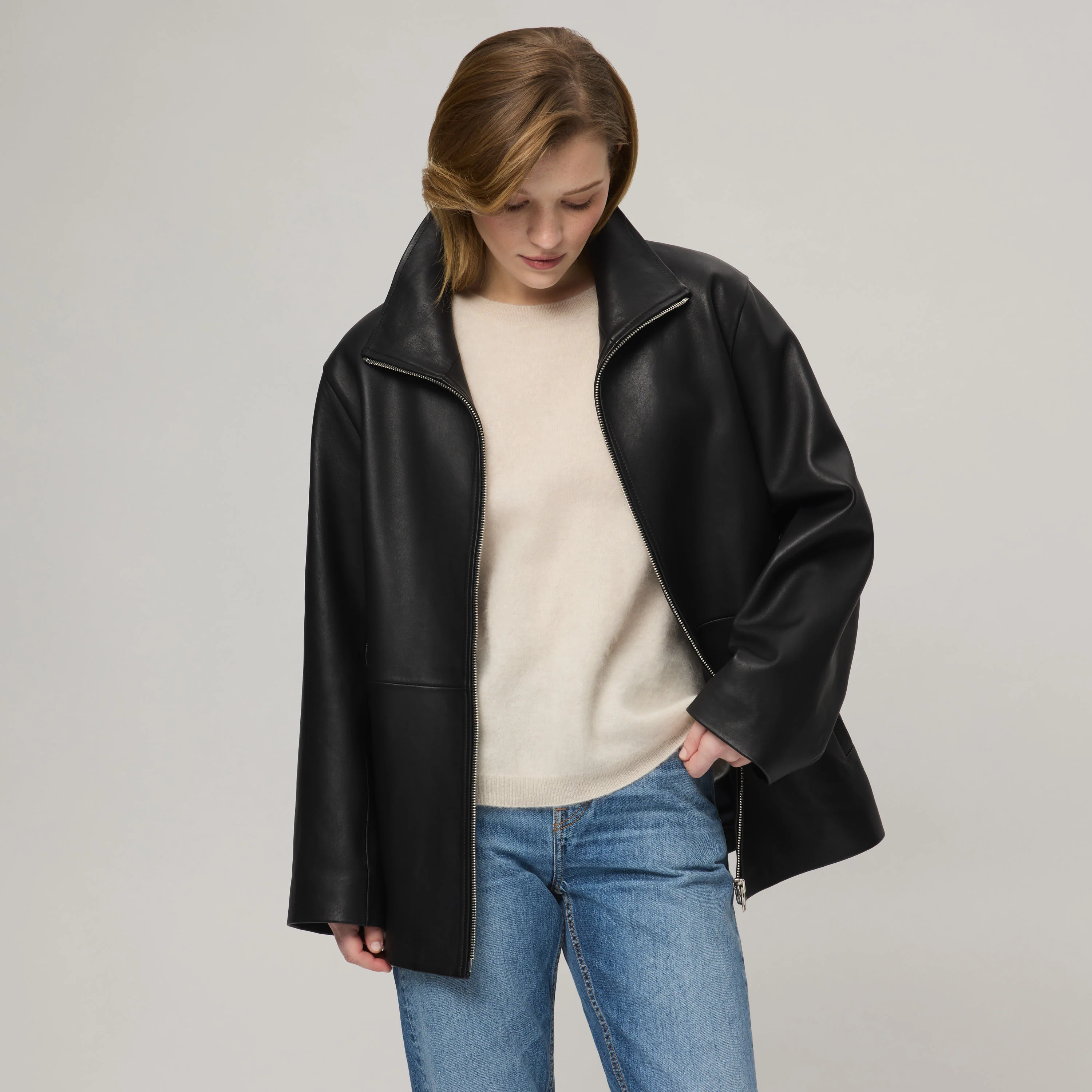 Women's Funnel Neck Leather Jacket - Image 4