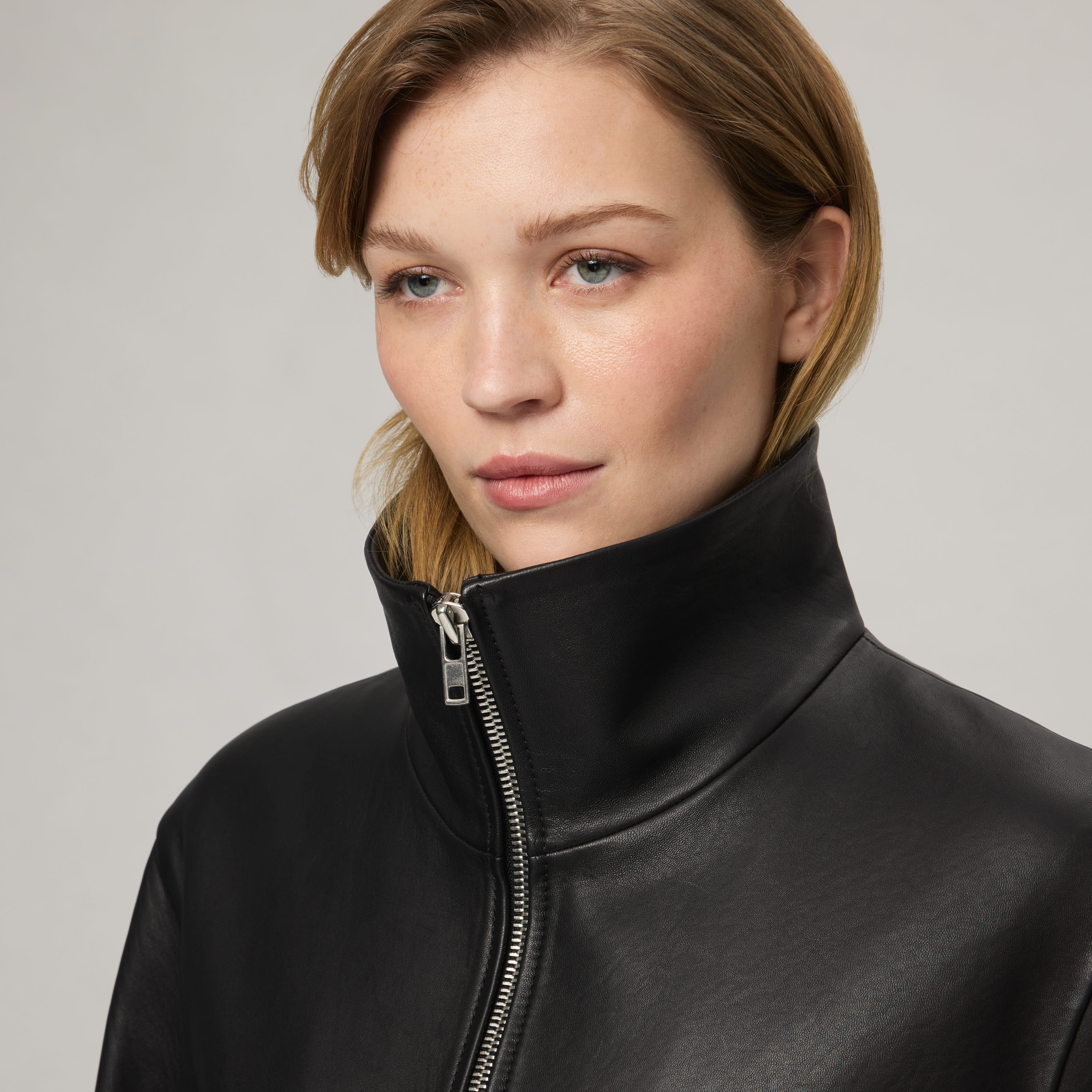 Women's Funnel Neck Leather Jacket - Image 6